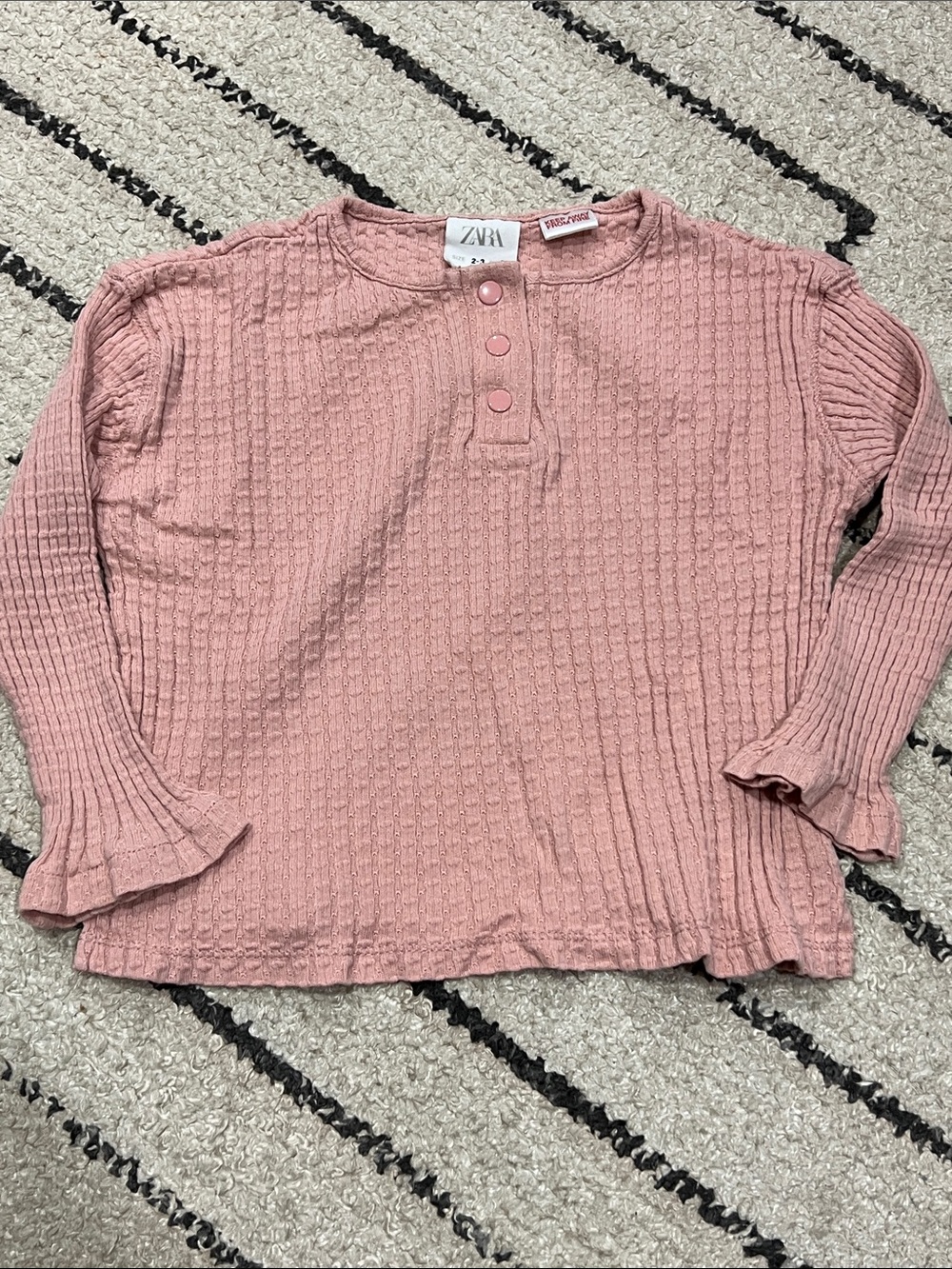 Zara Rose Pink Waffle-Knit Long Sleeve Henley Top